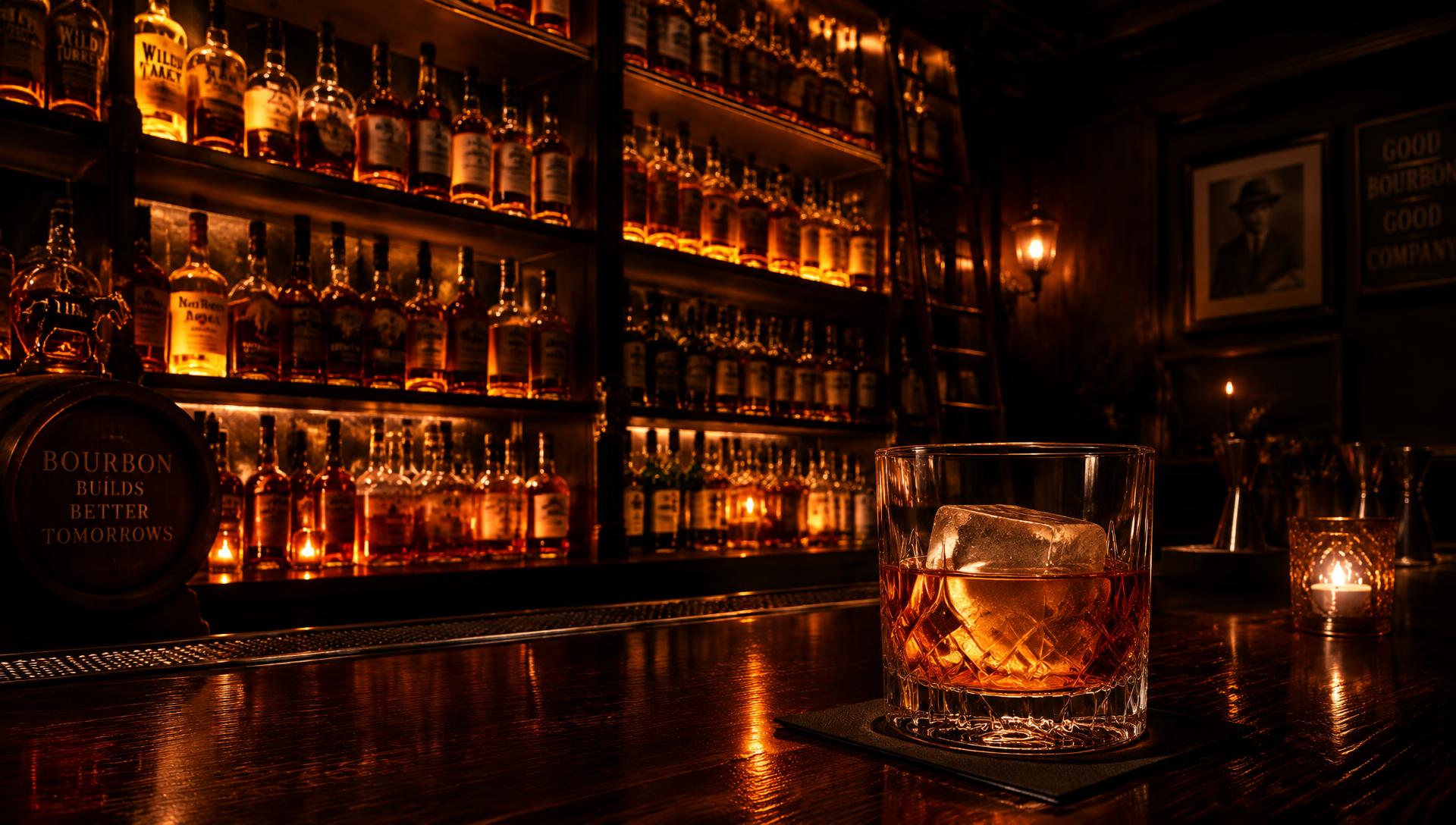 Glass of bourbon on a large rock at the 1st Ave Clubhouse bar